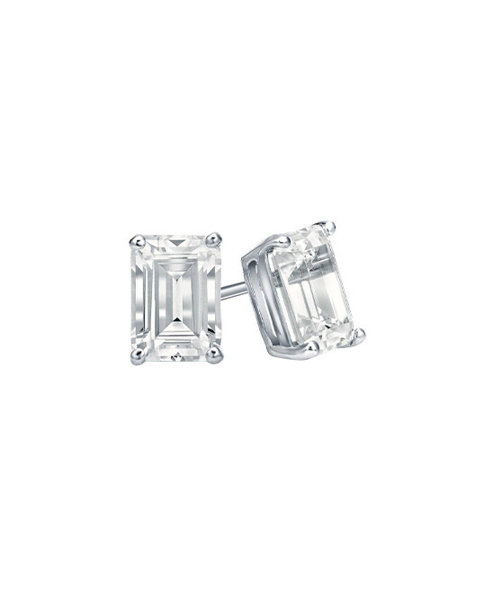 Sterling Silver Emerald Shaped Stud Earrings Cubic Zirconia 6mm Clear CZ
