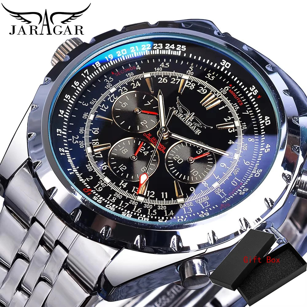 Jaragar Blue Glass Design Black Silver Automatic Watch Stainless Steel Date…