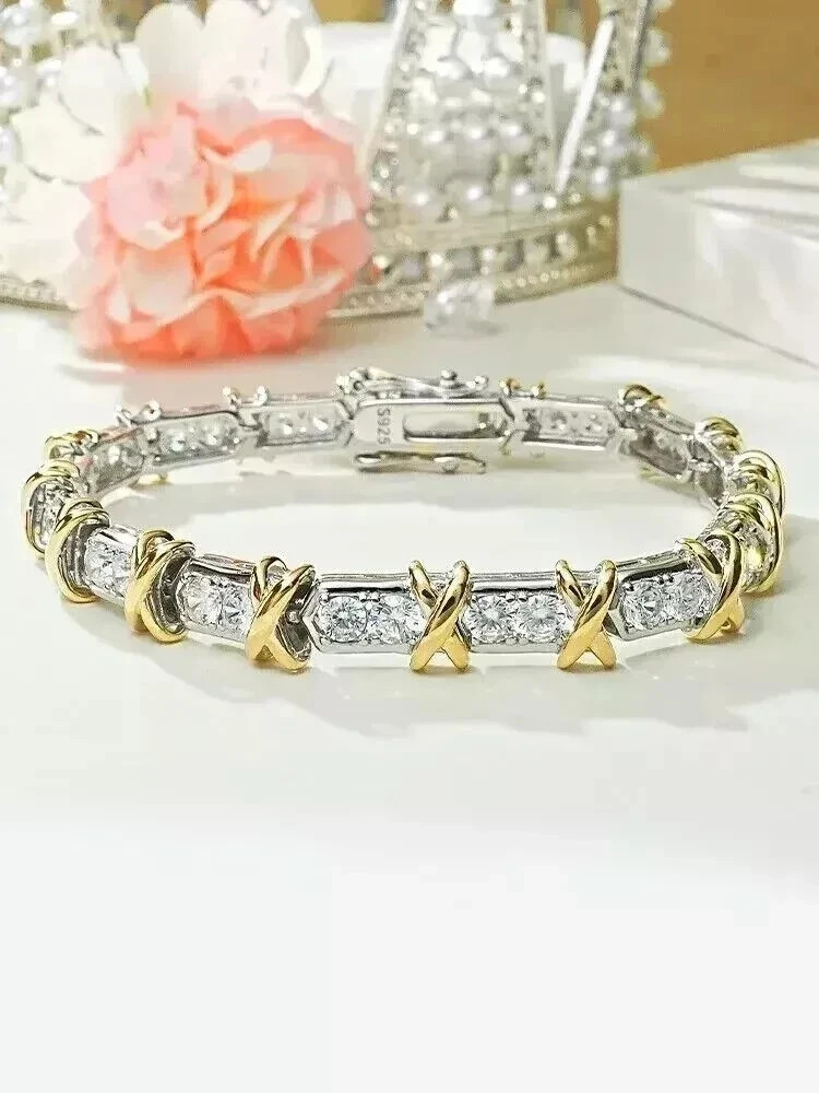 9Ct Round Cut White Moissanite Women’s Tennis Bracelet 14k Two Tone Gold Plated