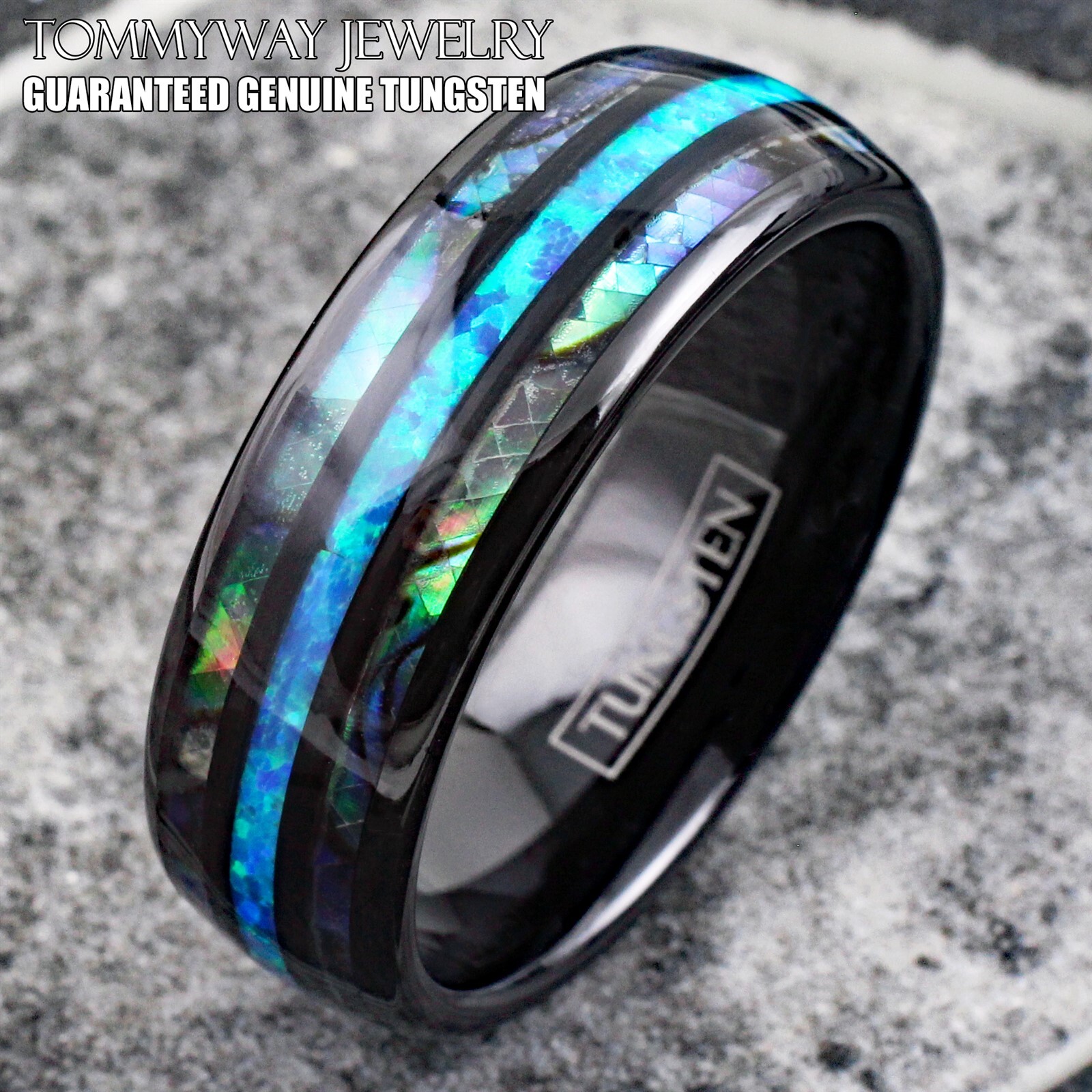 8mm Black Tungsten Carbide Abalone Hawaiian Blue Opal Men’s Wedding Band Ring