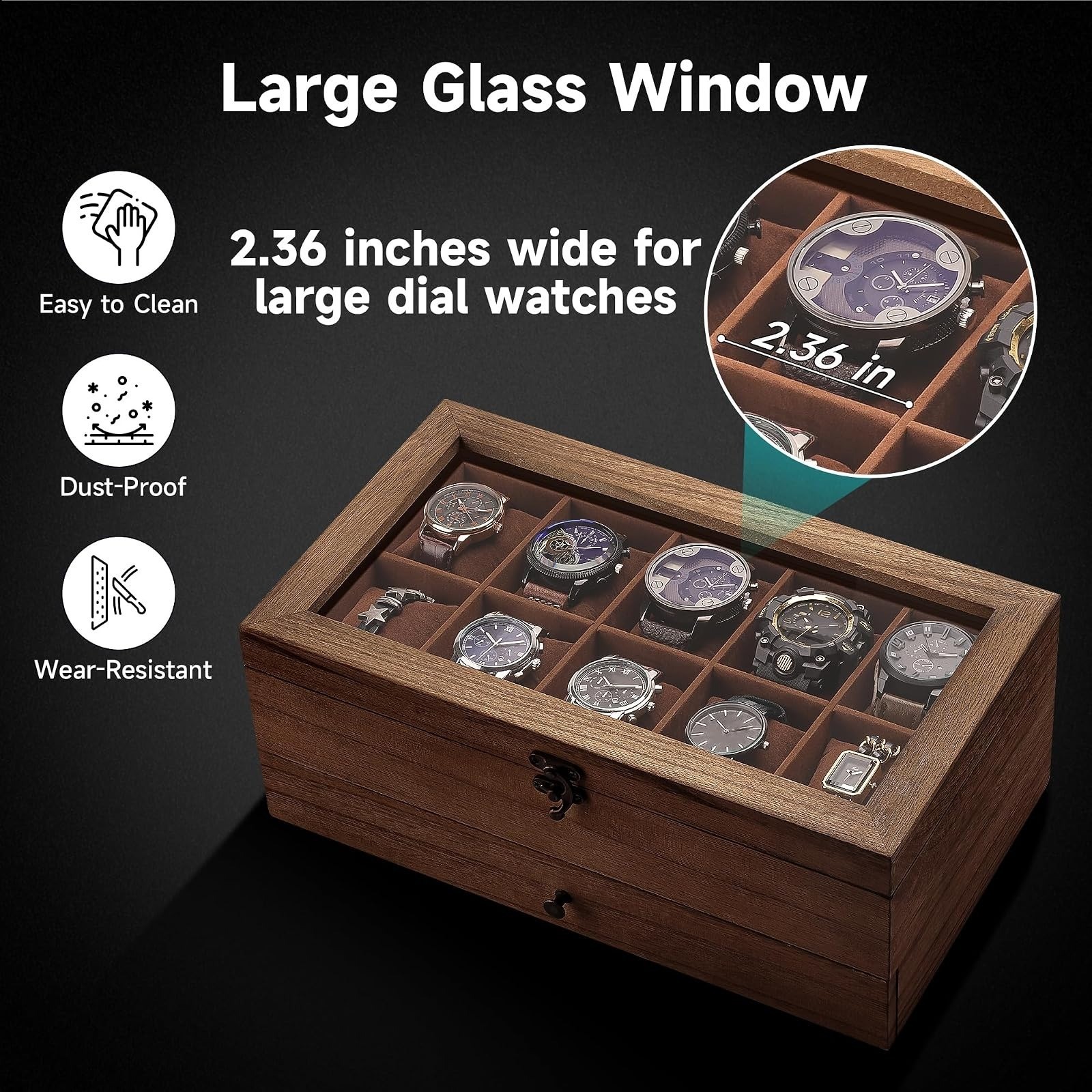 GALHUBIS Watch Box for Large Dial Watches, 10 Slots, Jewelry Organizer
