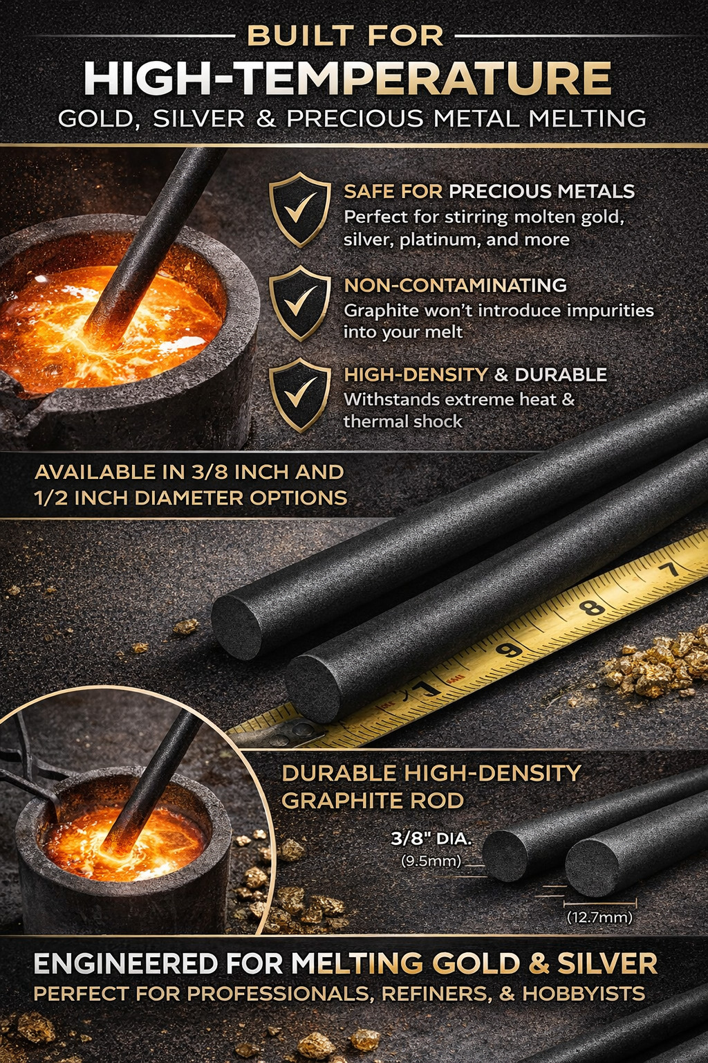 12″ Graphite Stirring Rod – Gold, Silver & Precious Metal Melting – 3/8″ or 1/2″