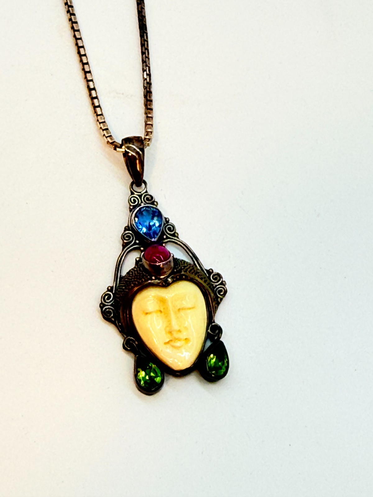 925 Sterling Silver Bali Princess Goddess Face Pendant Necklace Gemstone Italy C
