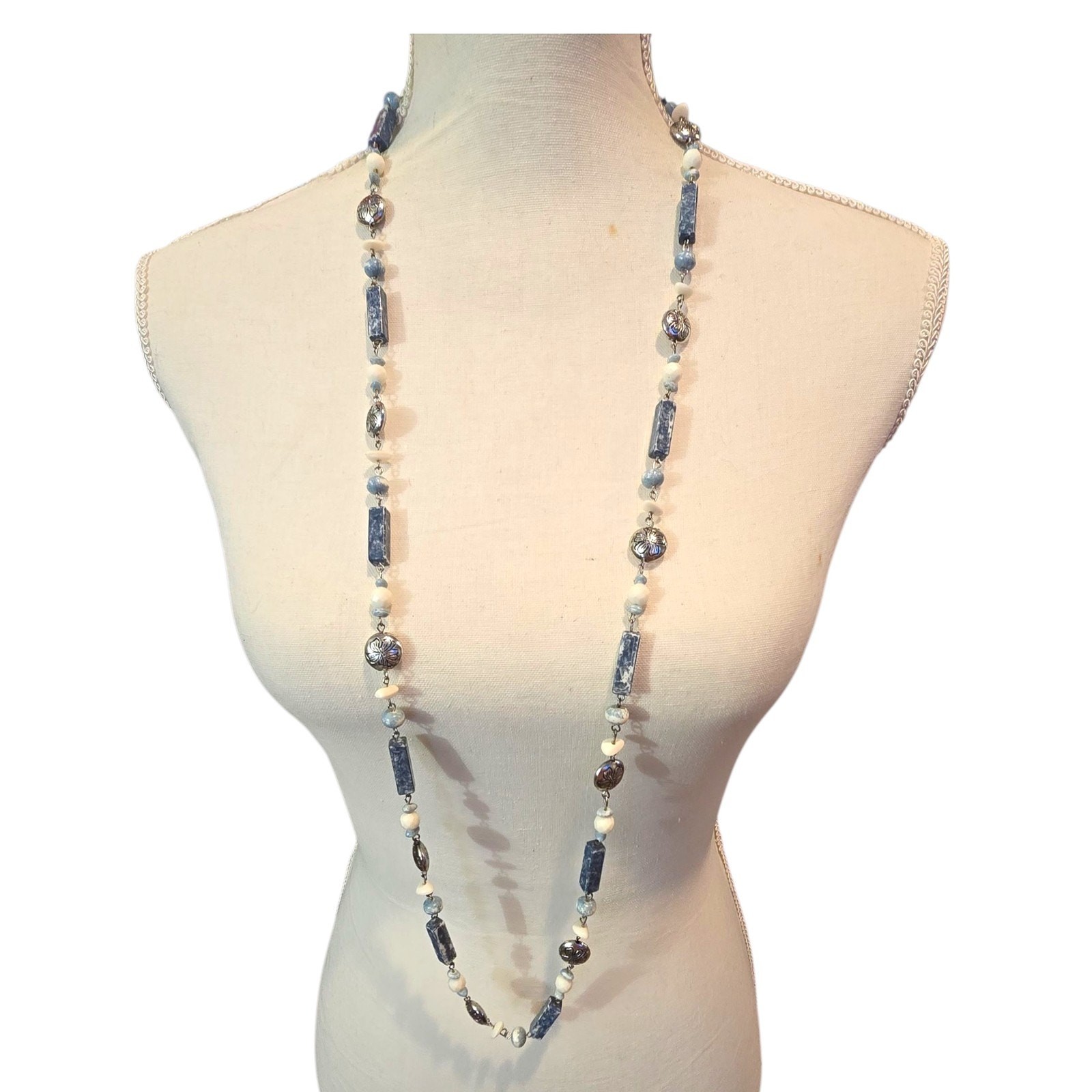 Necklace Vintage Beaded Floral Blue Bleached Acrylic 32″ Layering SKU2342