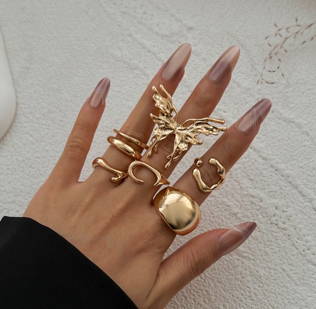 7Pcs Chunky Butterfly Ring Set Adjustable Statement Stackable Rings
