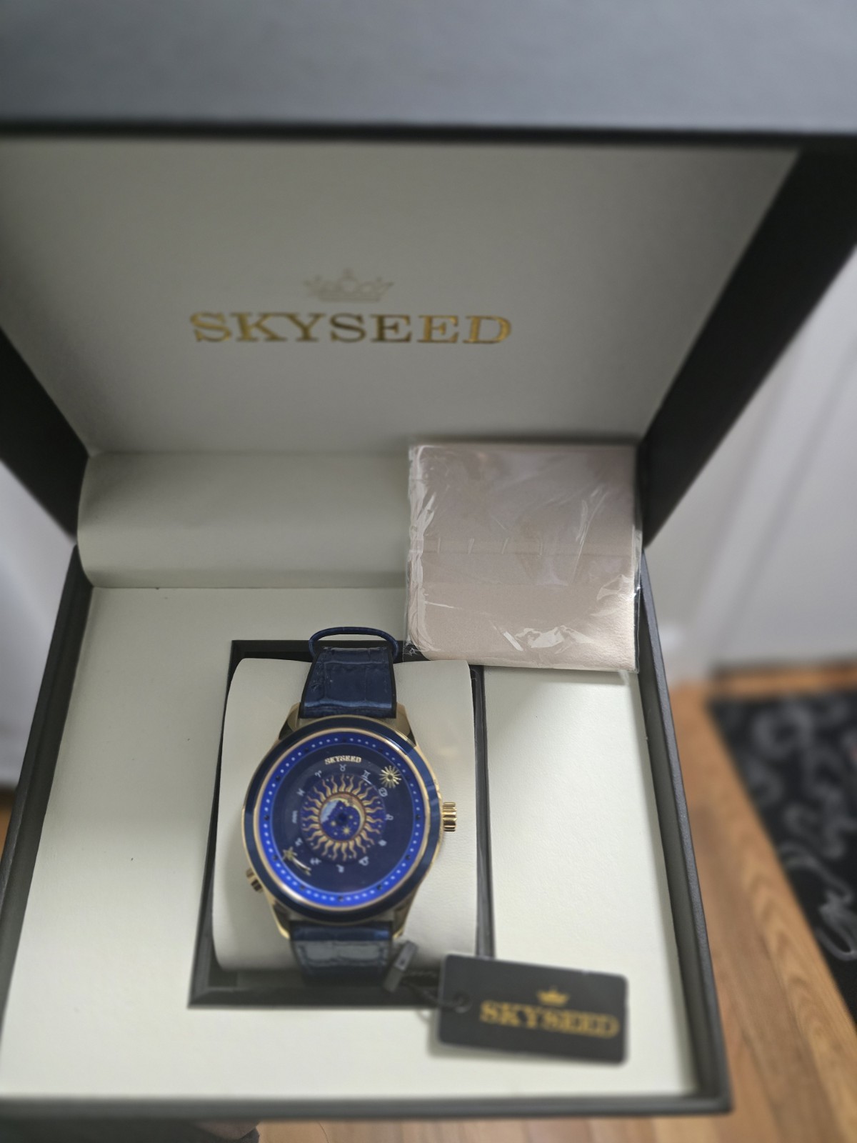 Skyseed Astronomical Celestial Watch Blue Gold Dial Automatic Leather Men’s NIB