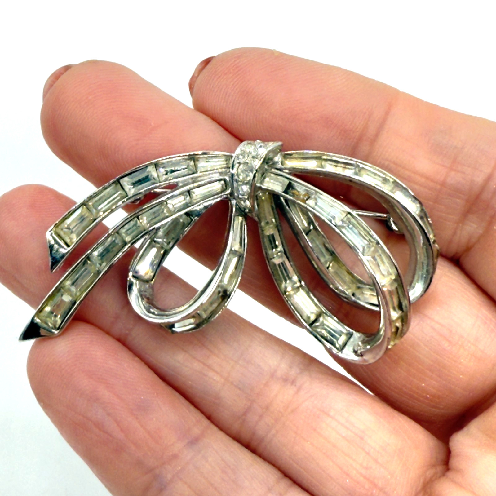 Vintage Marcel Boucher Brooch Bow Baguette Rhinestones 1 Missing Silver Tone