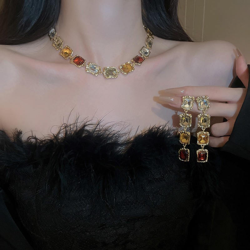 Vintage Multicolor Crystal Necklace & Drop Earrings Set Statement Jewelry