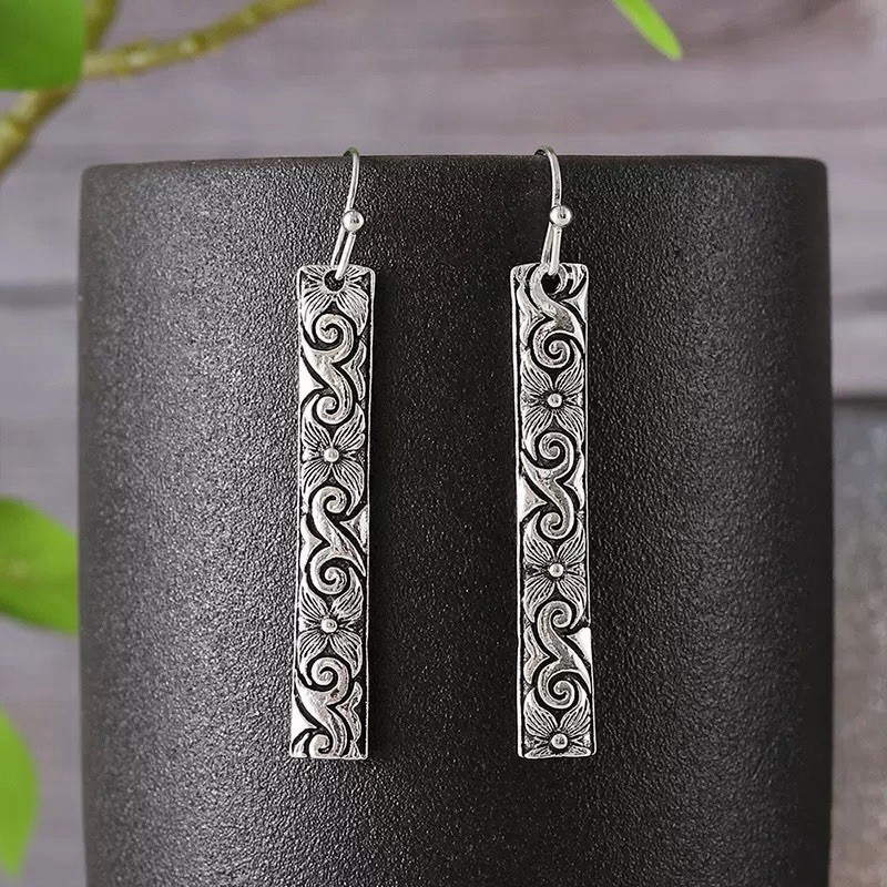 Silver Hook Boho Bar Drop Earrings Vintage Floral Engraved Dangle Earrings B02