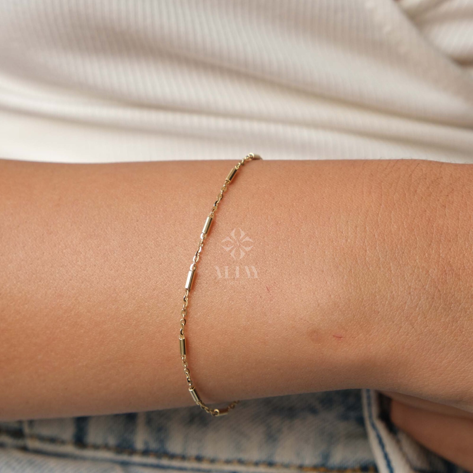 14K Gold Tube Chain Bracelet, Tube Chain Bracelet, Cylinder Long Tube Chain
