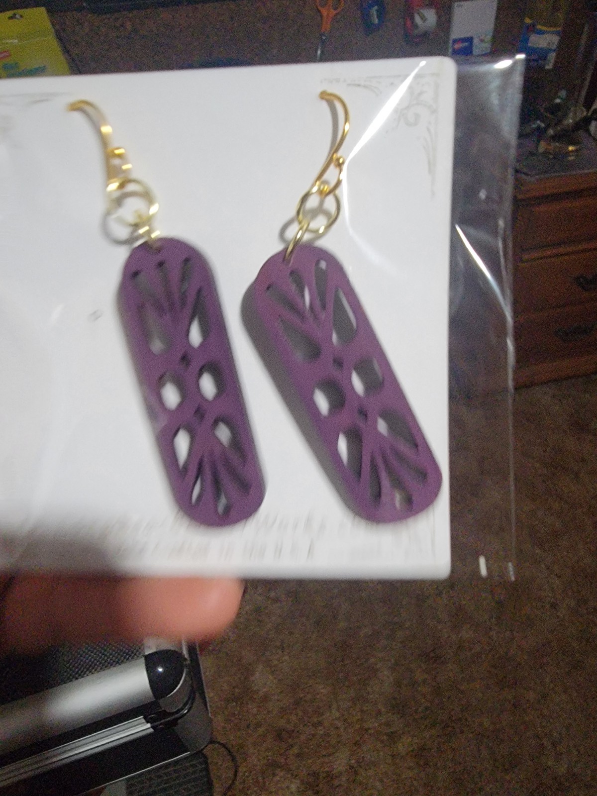 Purple Wooden Rectangle Cutout Dangle/Drop Hook Earrings, No Stone