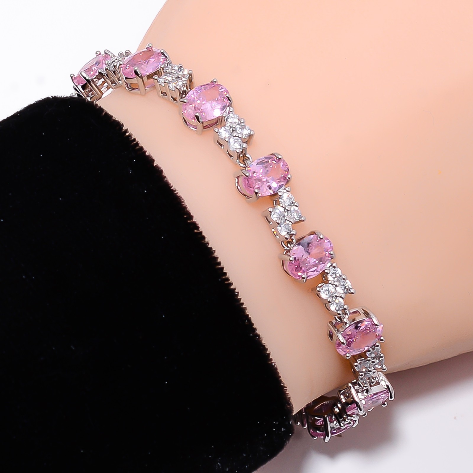 Pink Sapphire -Simulated, CZ 925 Sterling Silver Adjustable Bracelet 7-8″ B1520
