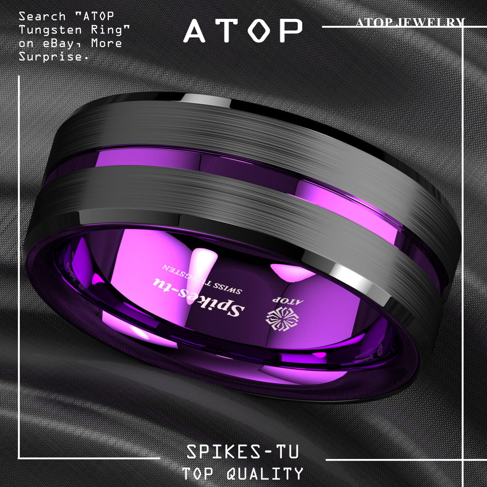 8/6mm Black Tungsten Carbide Thin Purple Line Wedding Band Ring ATOP Men Jewelry