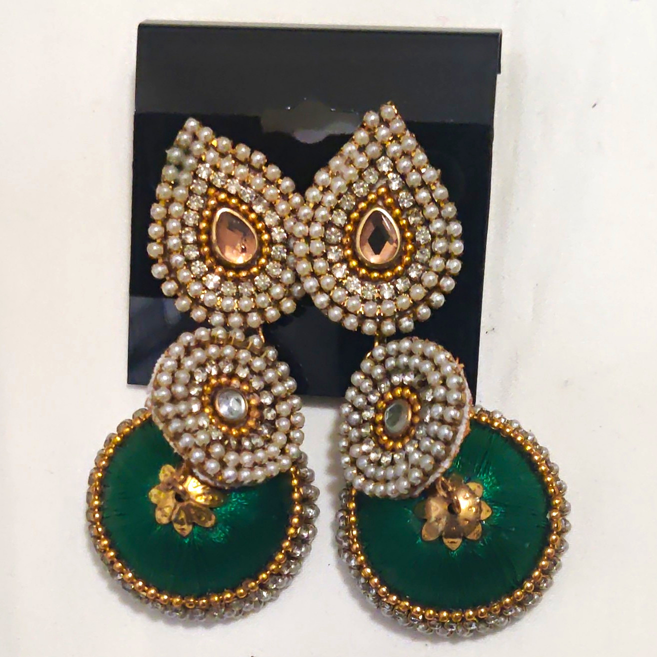 Gold Tone Green Dangle/Drop Earrings, Simulated White Pearl Crystal, Post