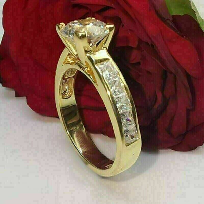3.10Ct Round Cut Lab Created Solitaire With Accents Ring 14K Yellow Gold Plated
