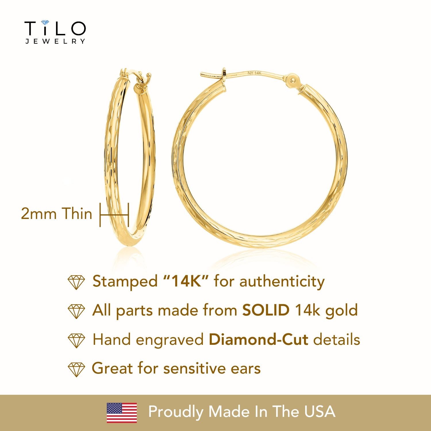 14K Solid Yellow Gold Hand Engraved Full Diamond-Cut Round Hoop Earrings 11-45mm