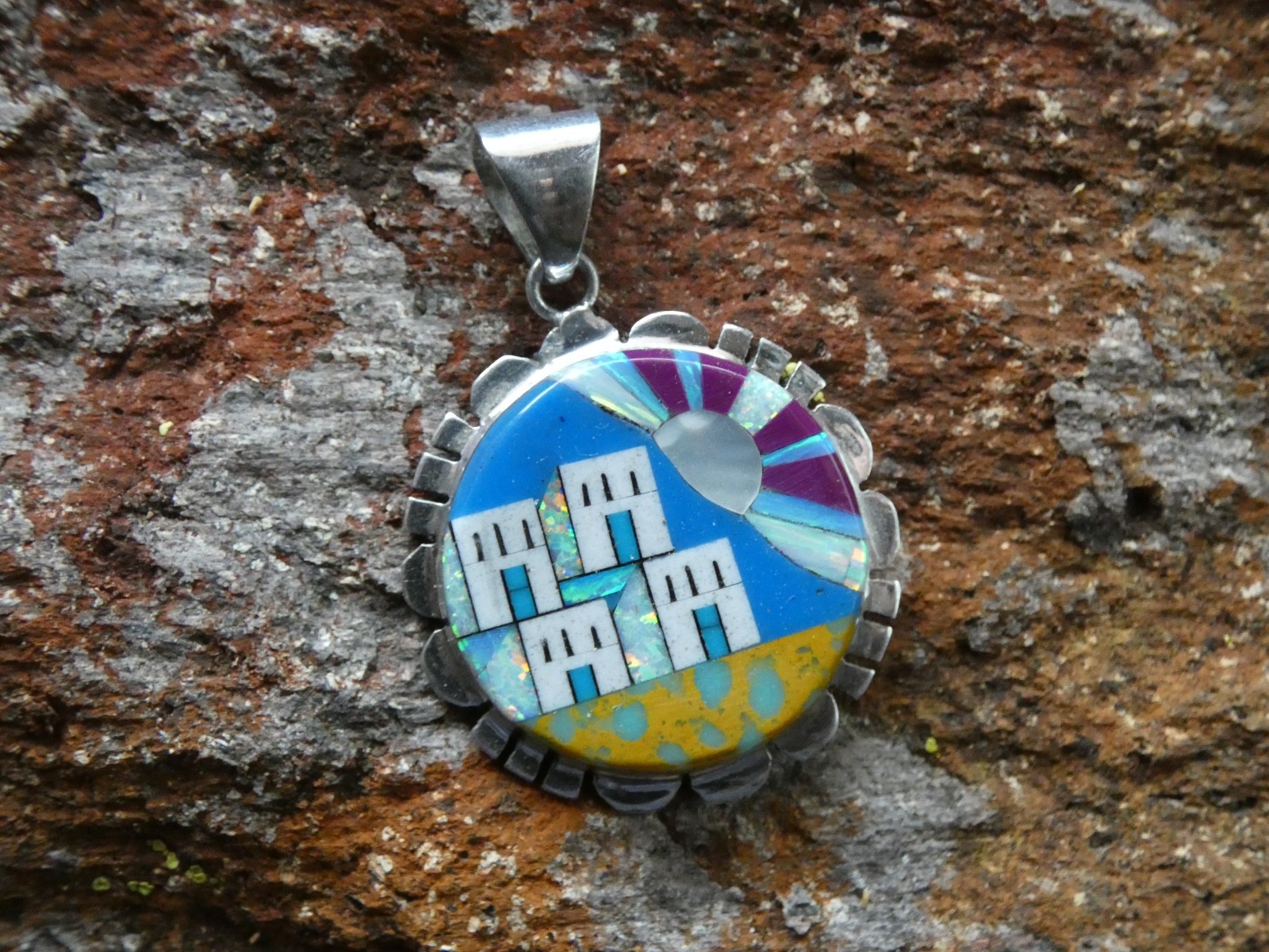 Southwestern Old Pueblo Gemstone Mix Sterling Silver Aluminum Alloy Pendant AT7