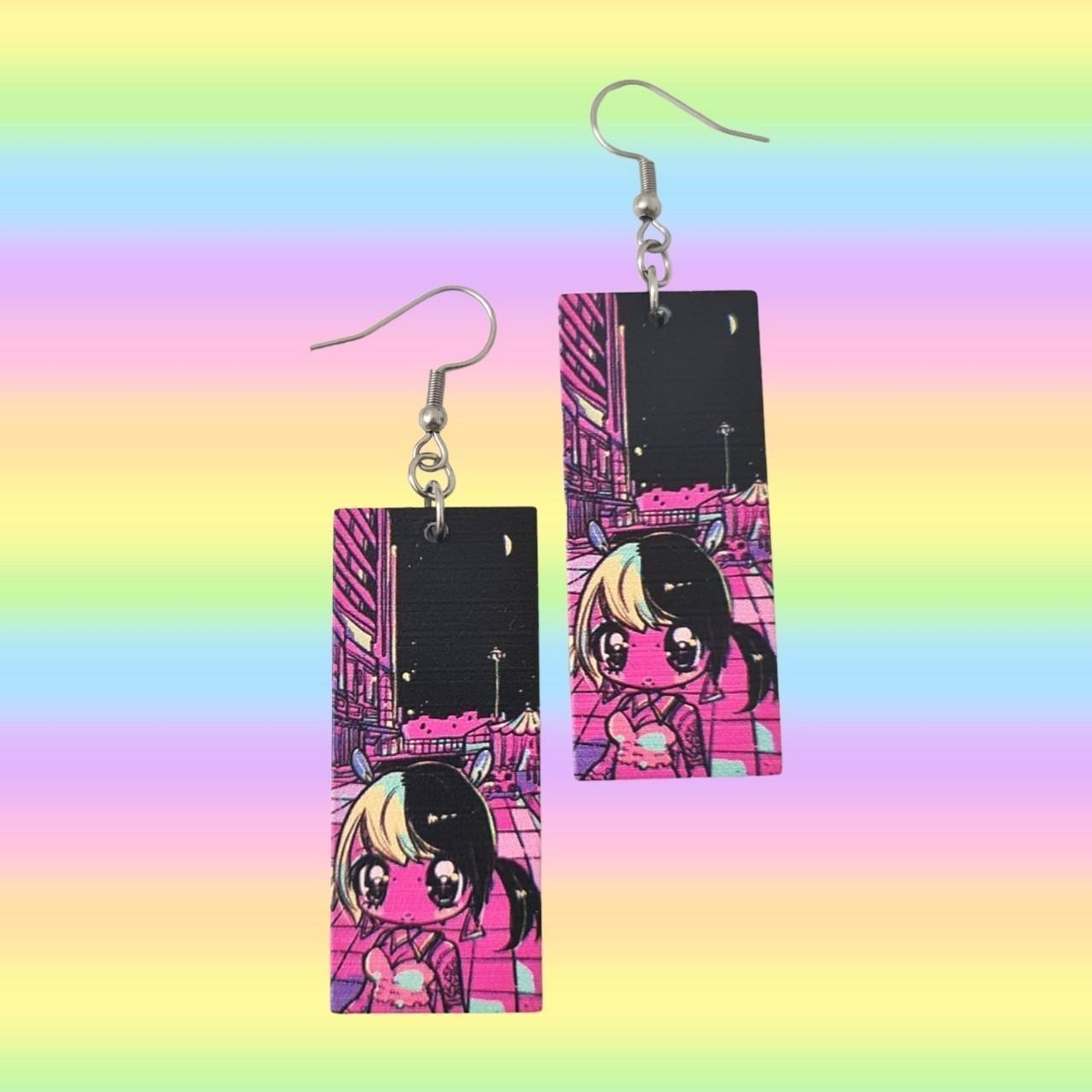 NEW Handmade Rectangle Anime Girl City Stainless Steel Earrings Cute 1 Pair AU