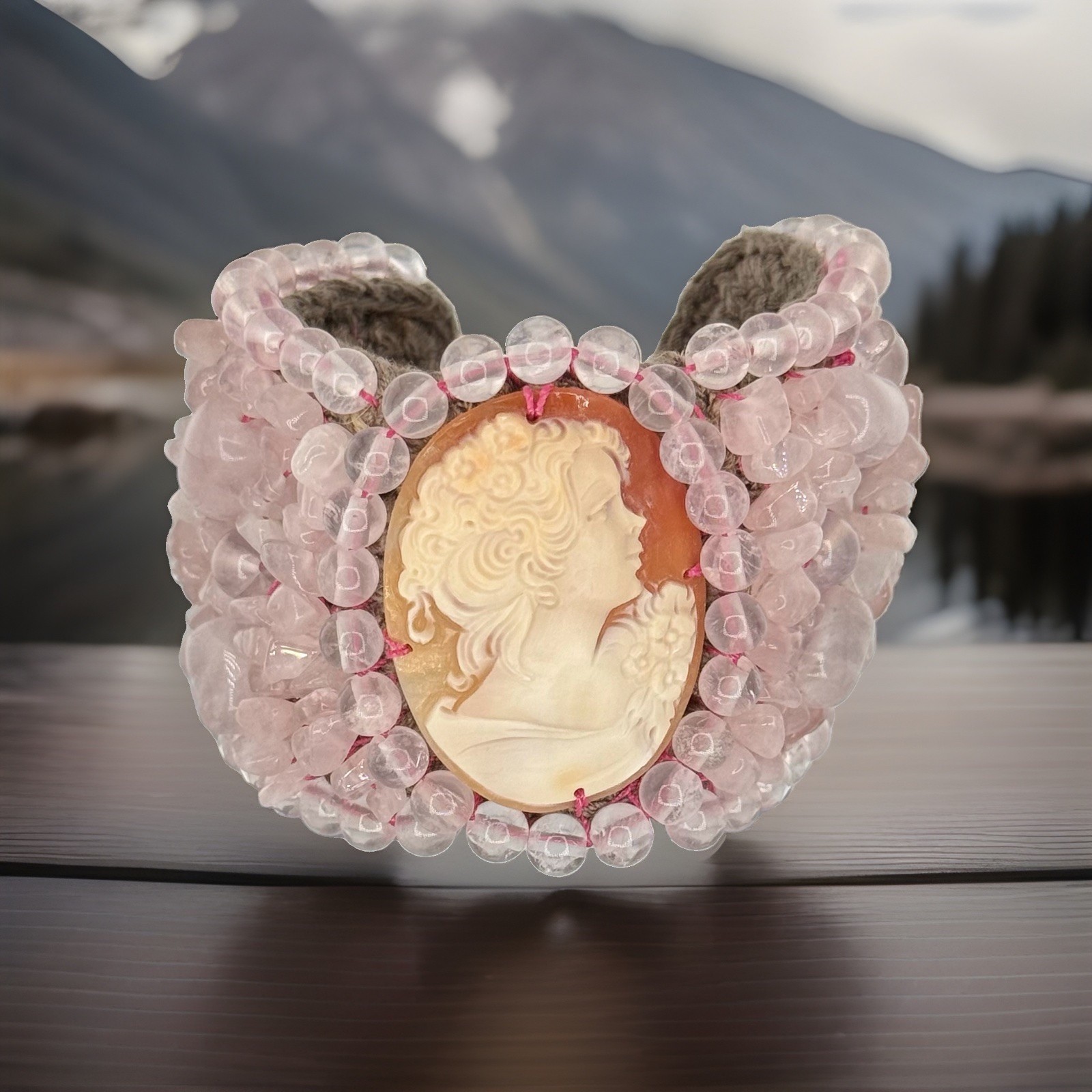 REAL 45mm SHELL CAMEO W/ COUNTLESS ROSE QUARTZ!! NWT- (TAG SAYS $980)