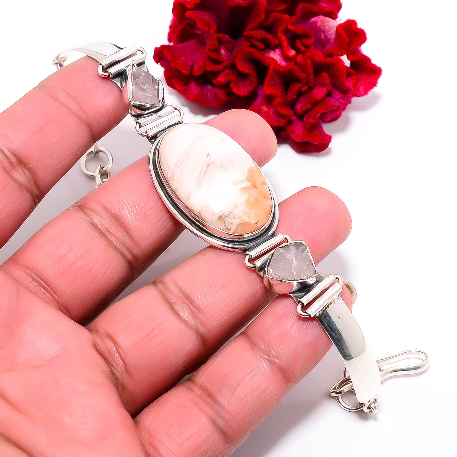 Orange Scolecite – India & Pink Rose Quartz 925 Silver Bracelet 7.99″ B10010959