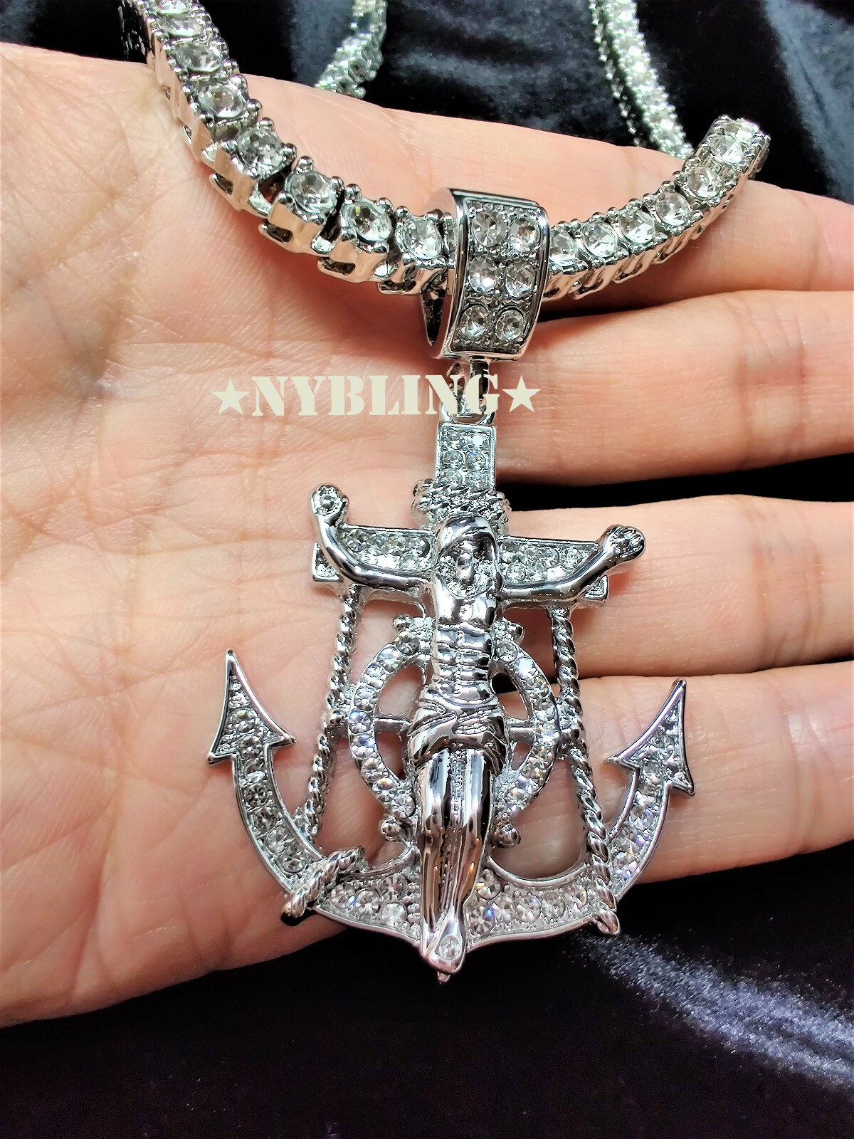 ICED Jesus Anchor Pendant w/ Rope or Tennis Chain Necklace Plated CZ Jewelry