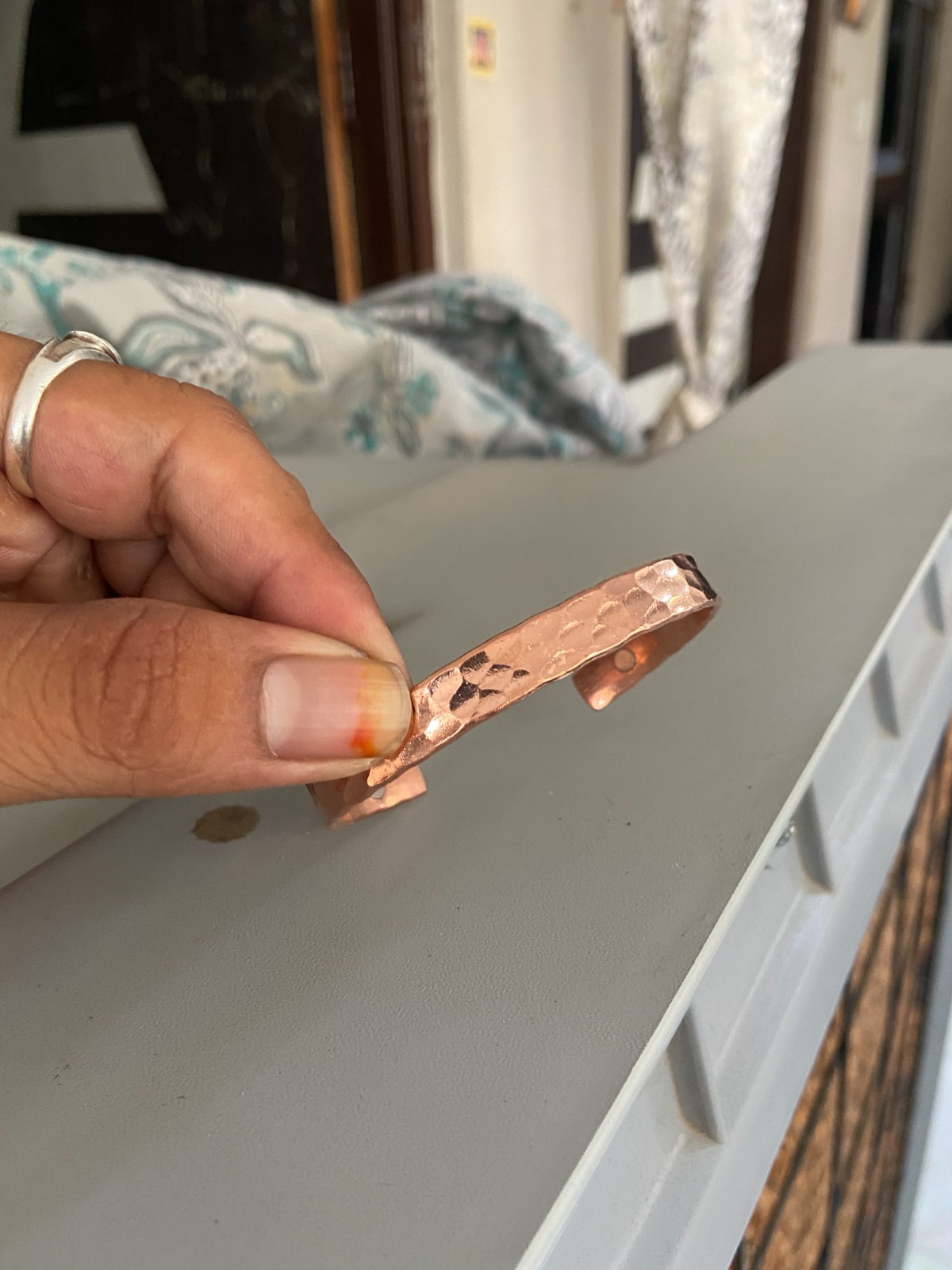 Solid Copper Hammered Cuff Bracelet Magnetic Open Bangle Adjustable Unisex