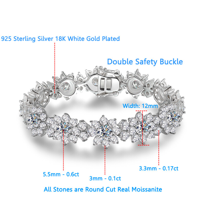 Real Round Moissanite Cluster Flower Tennis Bracelet 925 Sterling Silver Chain