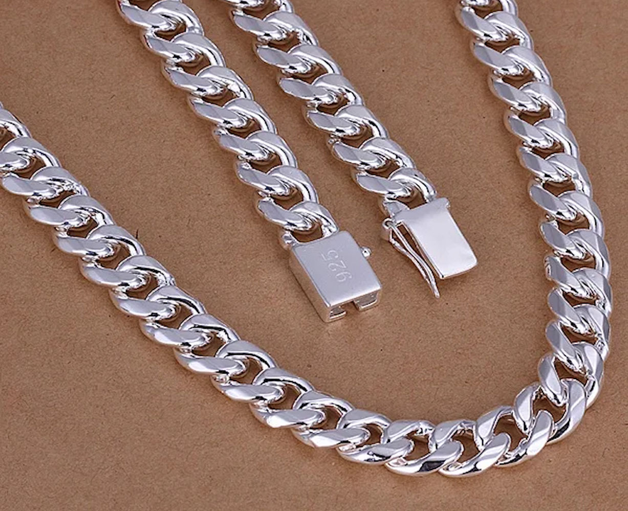 Mens Solid Stainless Steel 10mm Silver Curb Miami Cuban Heavy Chain