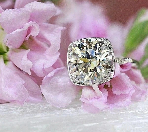 Art Deco Style Round Lab Created Moissanite Engagement 14K White Gold FN Ring