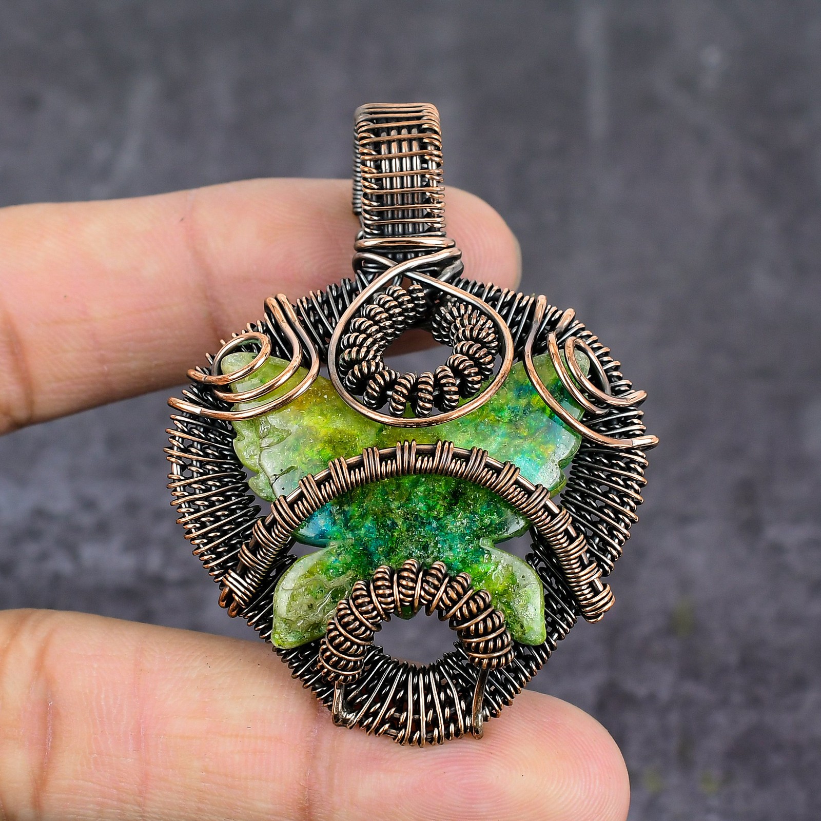 Swiss Green Opal Gemstone Copper Wire Wrap Jewelry Pendant 2.48″ Gift for Her B5