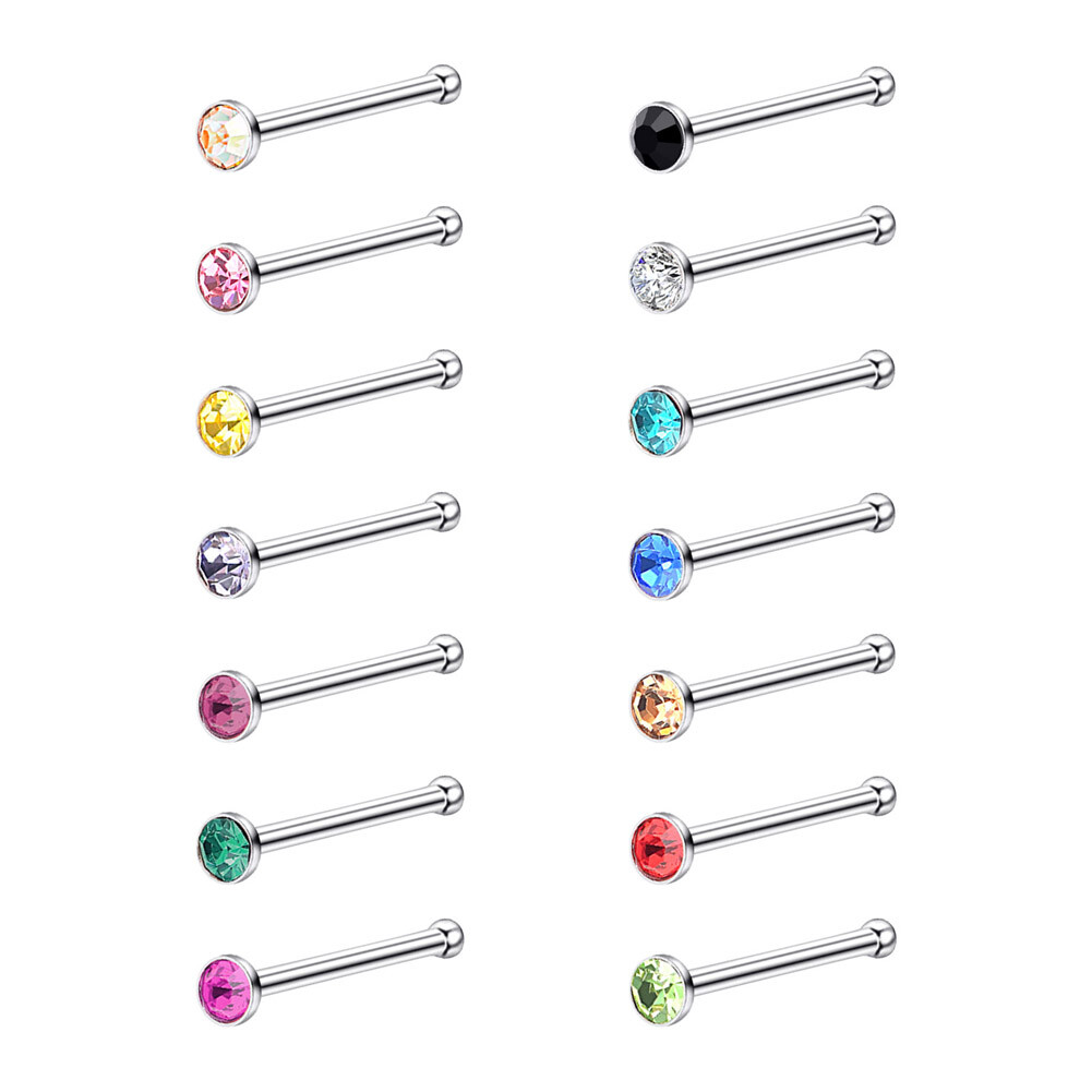 14PCS 316L Surgical Stainless CZ Gem Nose Studs Bone Ring Lip Ear Piercing 20G