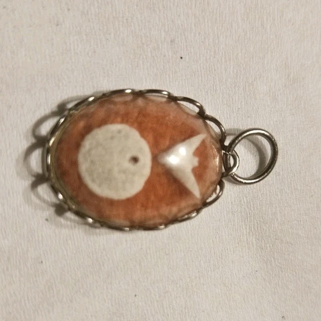 Oval Pendant Charm, Orange Oval Stone Inlay, Silver Tone Pendant