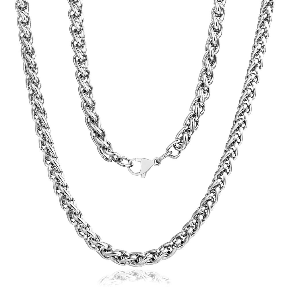 6mm Mens Chain Braided Wheat Spiga Silver Tone Stainless Steel Necklace