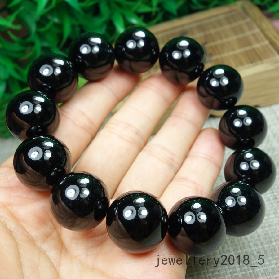 Certified Black Green Burma 100% natural A jadeite jade Bead Bracelets墨翠18mm圆珠手链