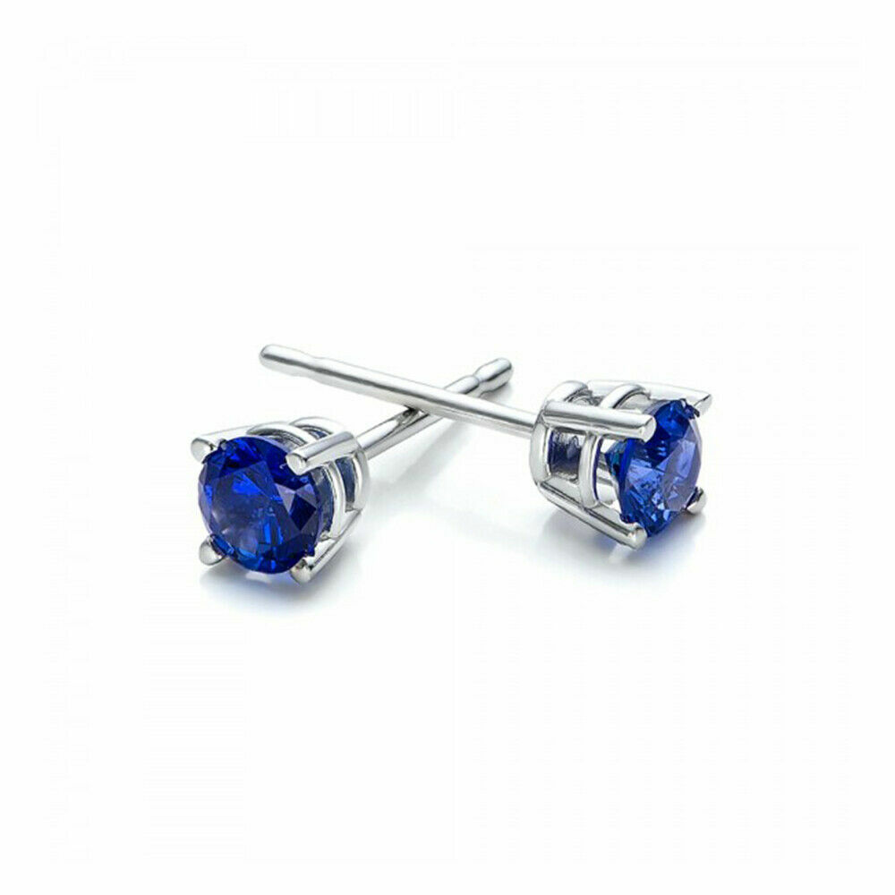 925 Sterling Silver Round Cut Lab Created Blue Sapphire Round Stud Earrings 6MM