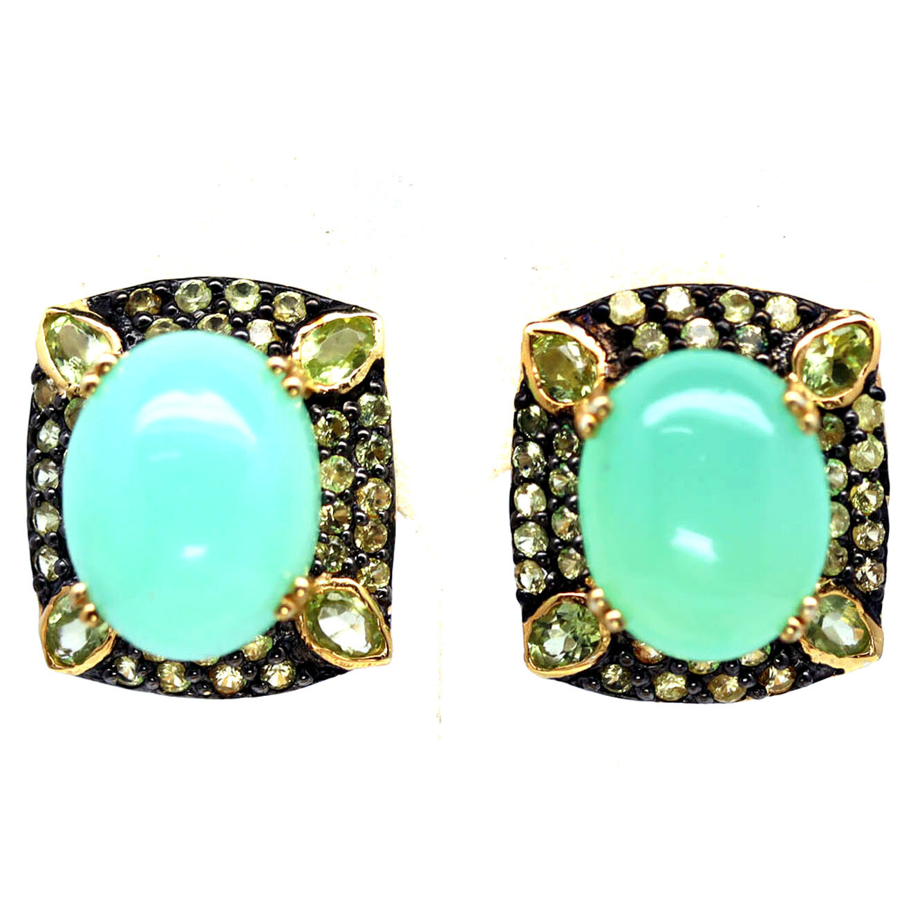 925 Silver 12×15 MM. Green Chrysoprase, Peridot & Sapphire Black Friday Earrings