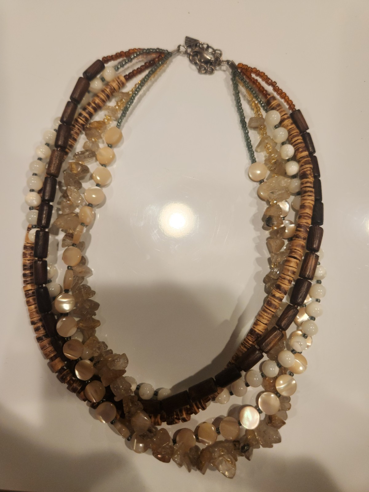 Silpada Sterling Silver 5 Strand Mop Quartz Wood Shell Necklace 17 In