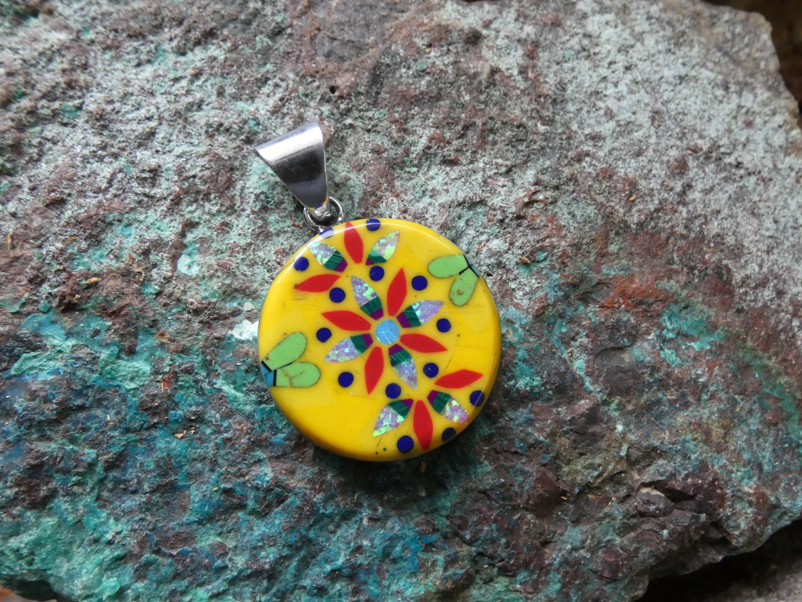 Flower Mosiac Micro Inlay Gemstone Sterling Silver Aluminum Alloy Pendant AT10