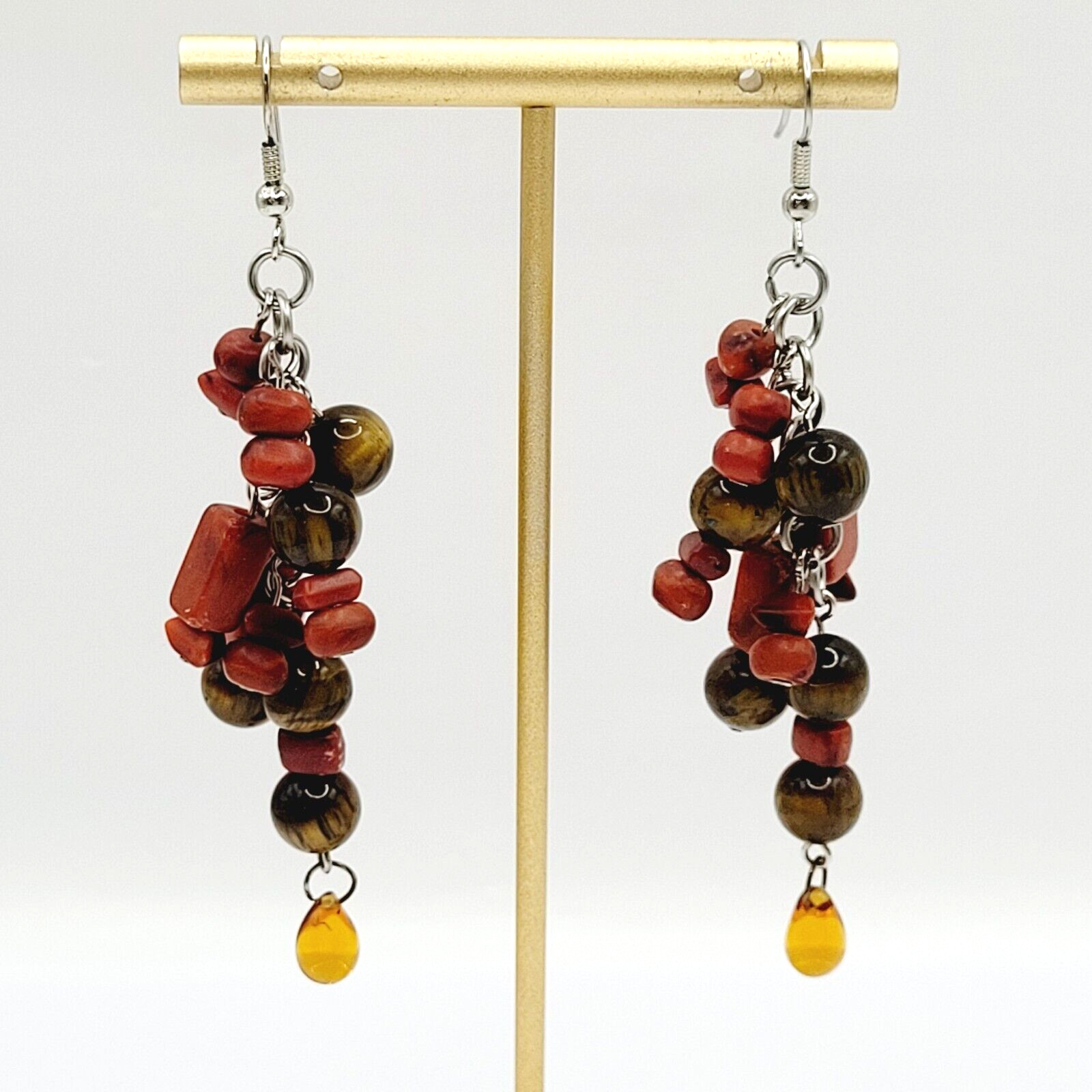 Modern Multi Shape Natural Stone Glass End Long Drop Dangle Hook Pierced Earring
