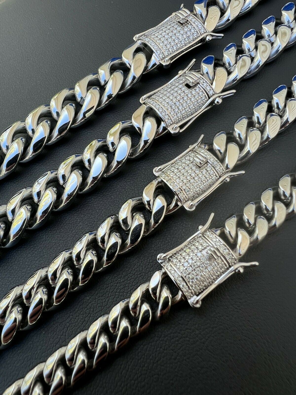 Miami Cuban Link Stainless Steel Chain Necklace Iced MOISSANITE Clasp Hip Hop