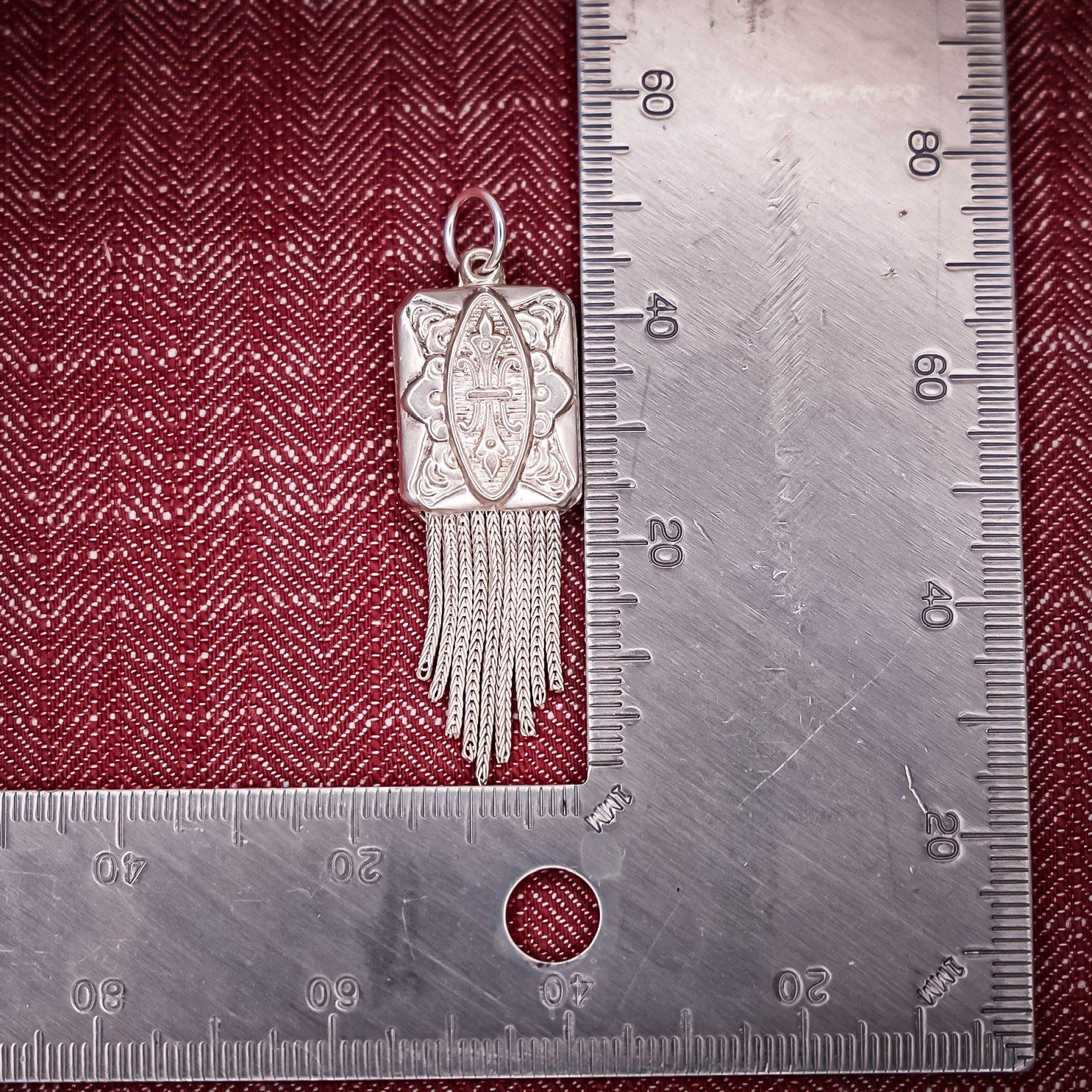 Antique French Puffy Rectangle Tassel Charm Sterling Silver Die Struck 19th