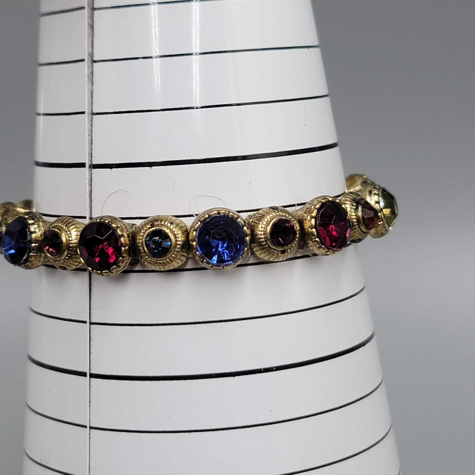 Multicolor Round Rhinestone Bracelet Gold tone Elastic 6.5 in