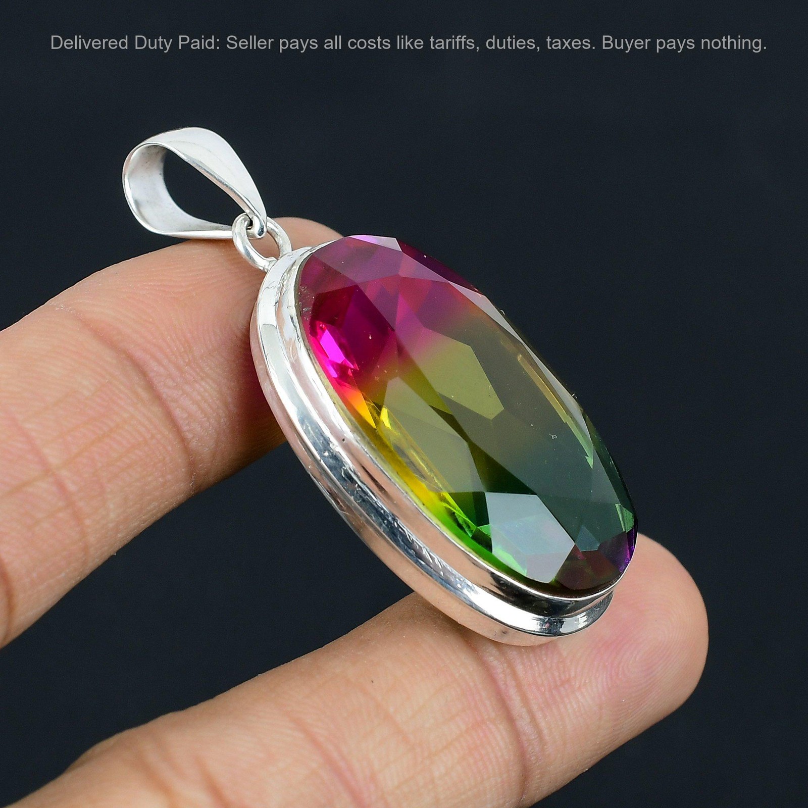 925 Silver Oval Multi Tourmaline Gemstone Elegant Mother Engagement Boho Pendant