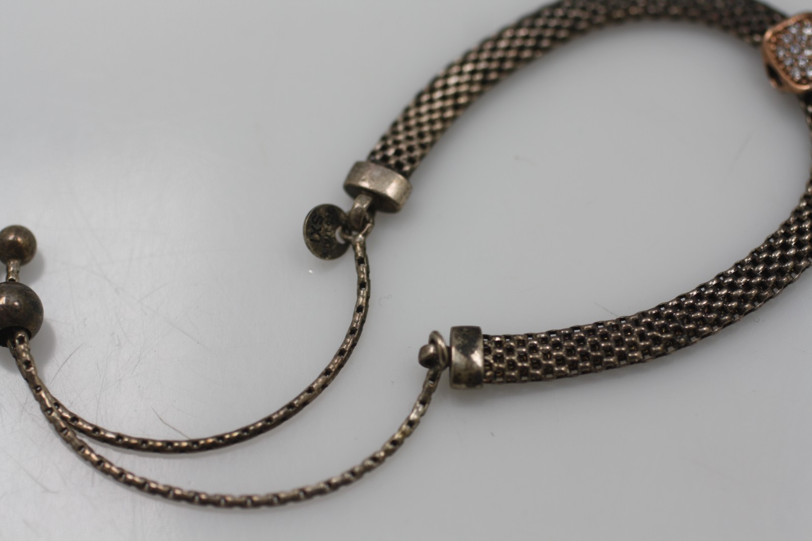 SXI 925 sterling silver vermeil charm mesh chain slide bolo bracelet 6-8″