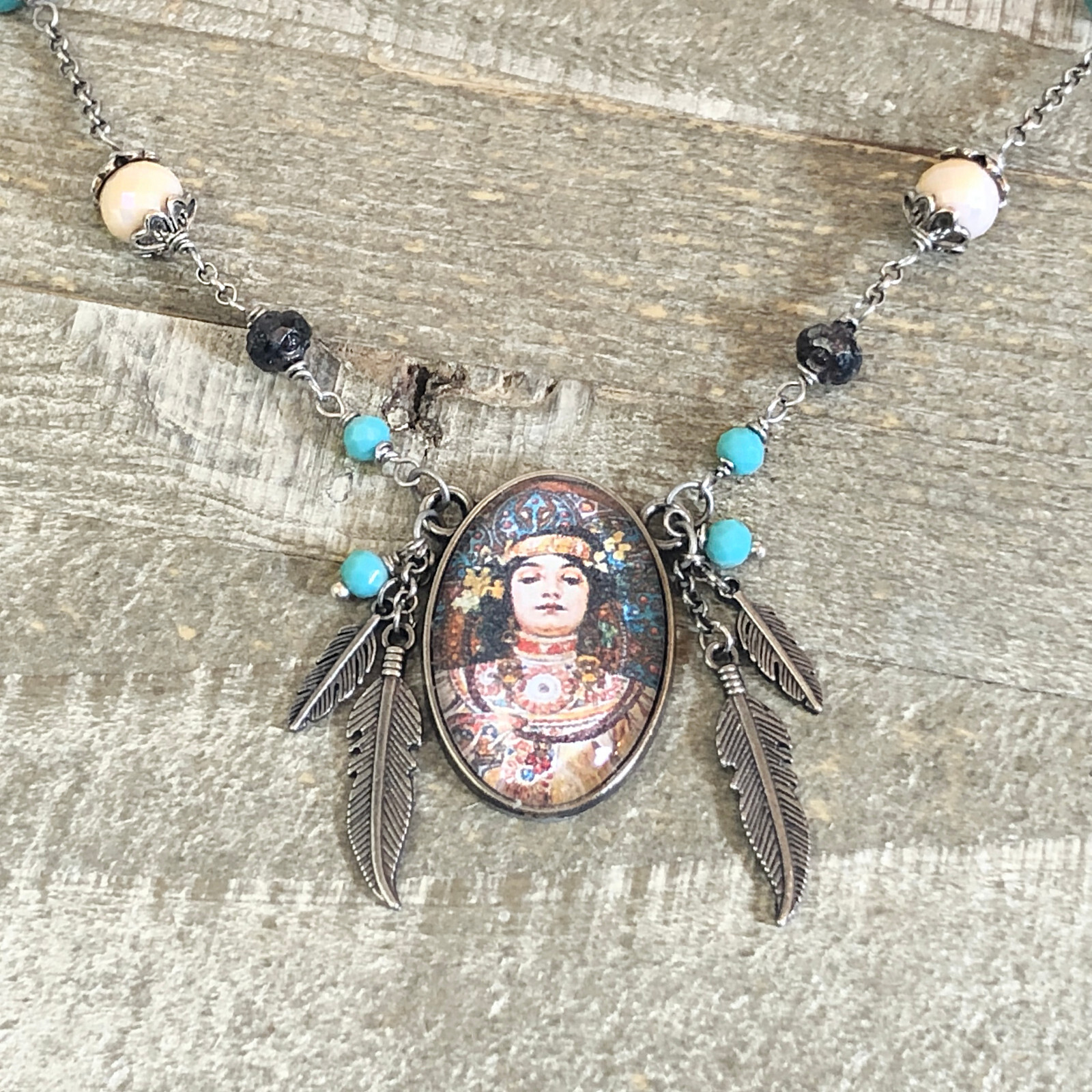 Alphonse Mucha Art Nouveau Glass Cabochon with Silver Feathers