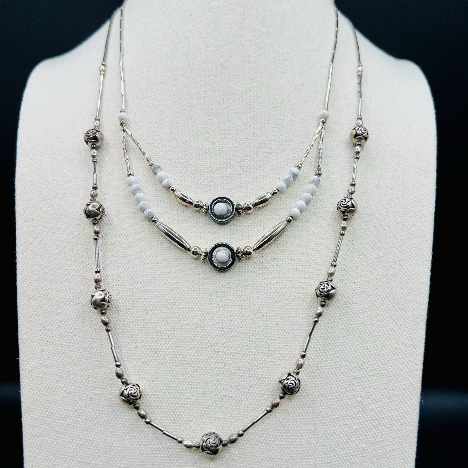 Vintage Silver Tone White Gray Marble Cabochon & Rose Ball Layered Necklace Lot