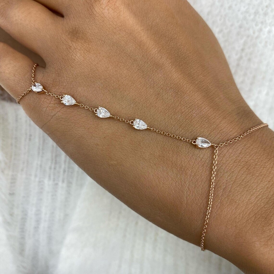 2.50 Ct Treated Certified White Diamond Ring Finger/Hand Chain Bracelet. 925