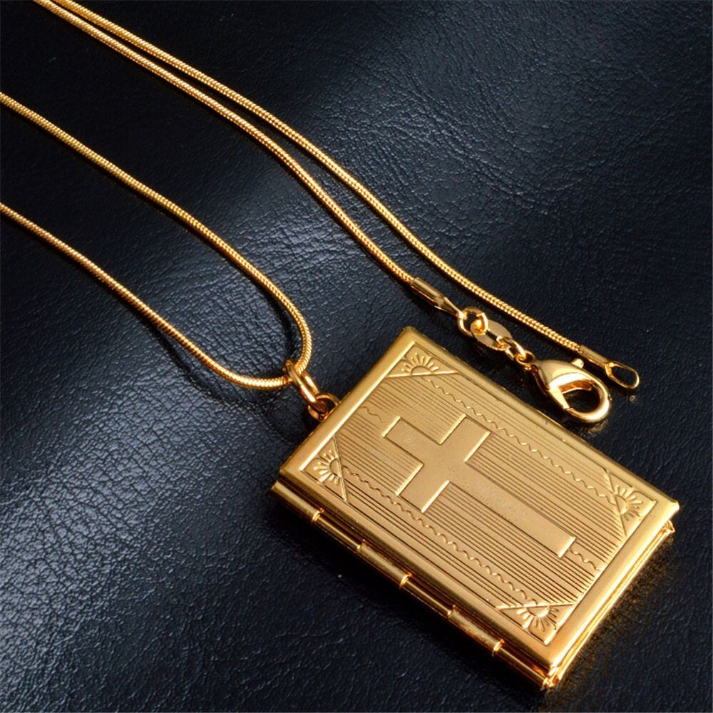 Gold Cross Bible Christian Locket Necklace – Jesus Crucifix, Church, Christ