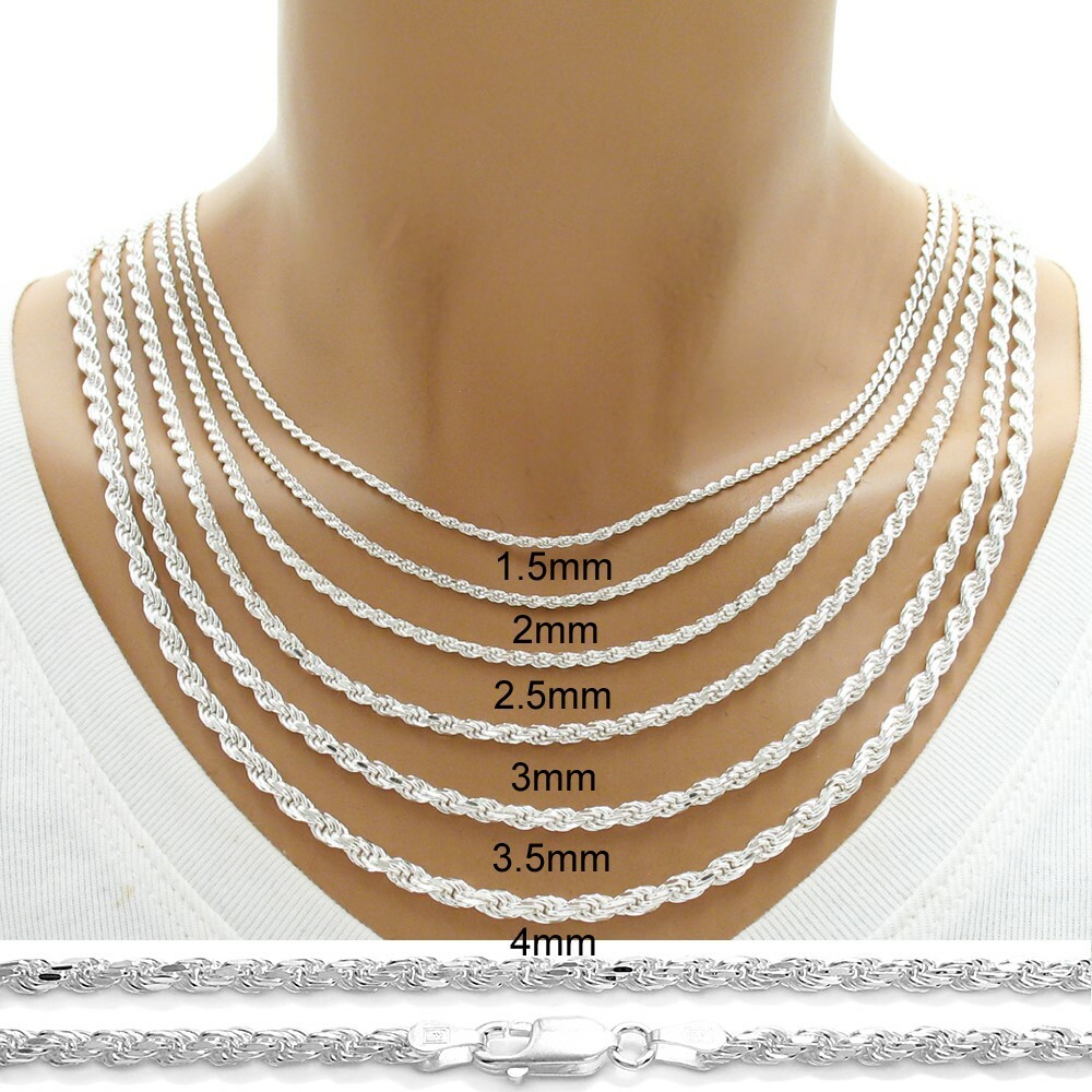 925 Sterling Silver Dia-Cut Rope Chain Necklace w Lobster Lock-Stamped 925 Italy
