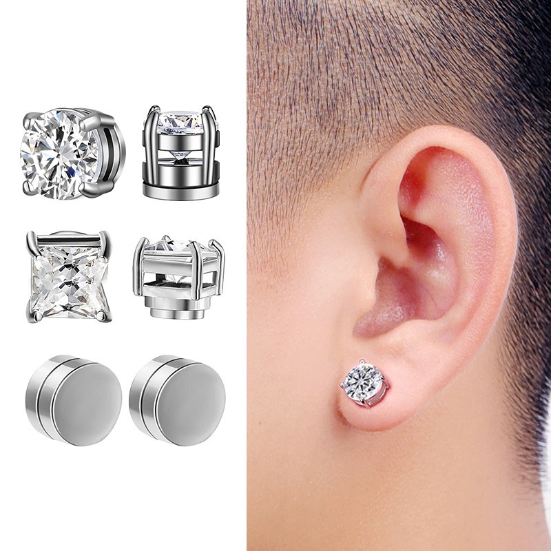 Magnetic Stud Earrings Non Piercing Clip On Stainless Steel CZ Round Square 6mm